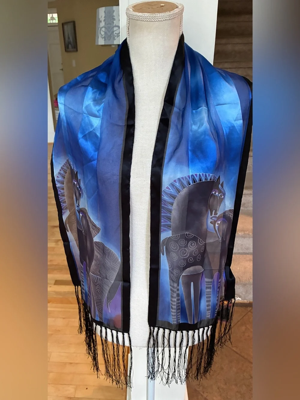 Laurel Burch Vibrant Blue and Black Horse Print Scarf